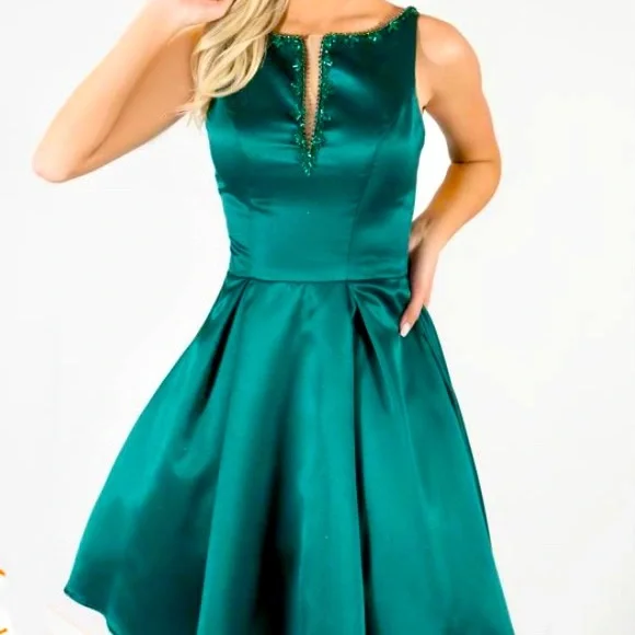 Mori Lee | Dresses | Mori Lee Emerald Green Fit And Flare Satin Cocktail  Hoco Dress | Poshmark